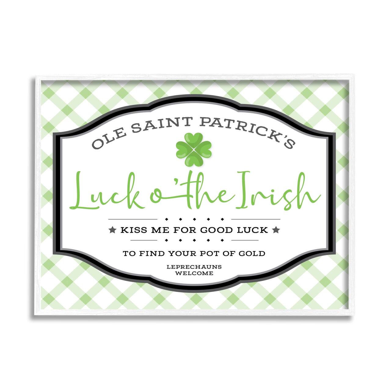 Stupell Industries Saint Patrick's Luck o'the Irish Sign Green Plaid Framed Giclee Art